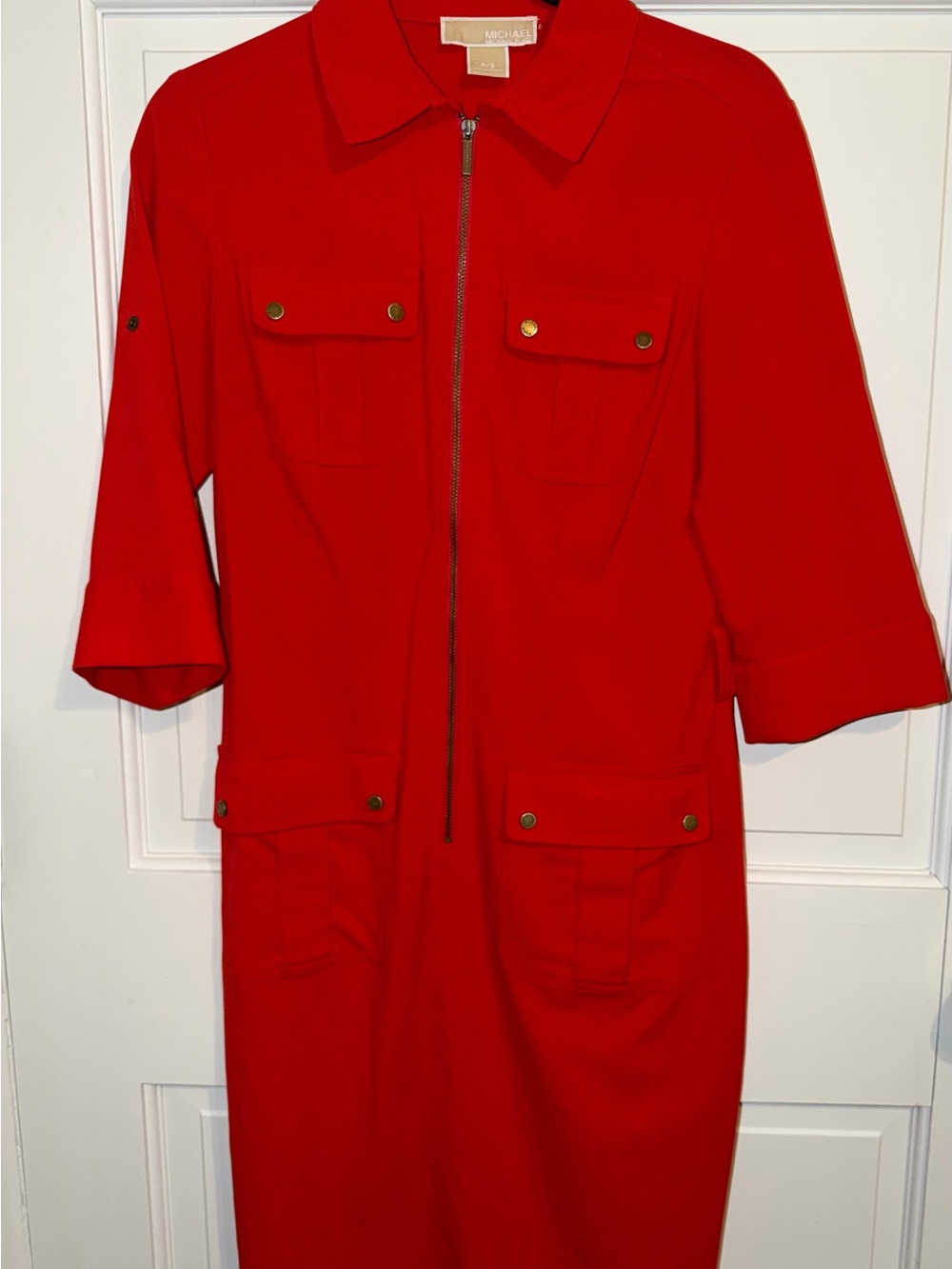 Michael Kors Bright Red Zip-Front Shirt Dress with Snap Pockets